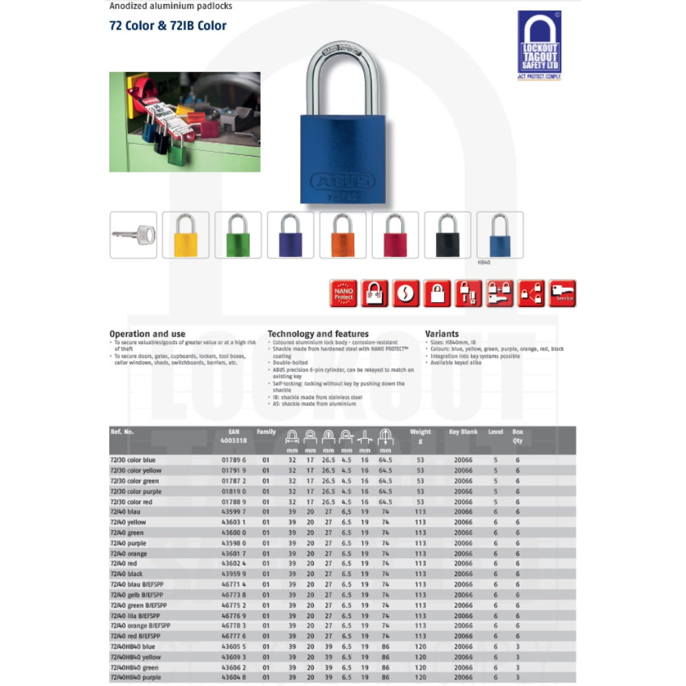 72/40 Series Abus Aluminium Padlock Standard Shackle 72/40 Series Abus Aluminium Padlock Standard Shackle